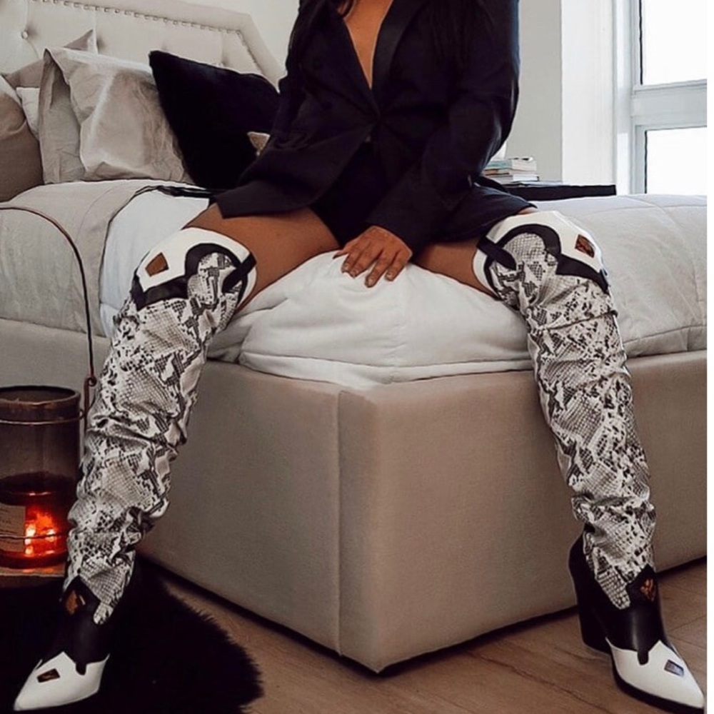 Black and White Western Thigh High Snakeskin Boots